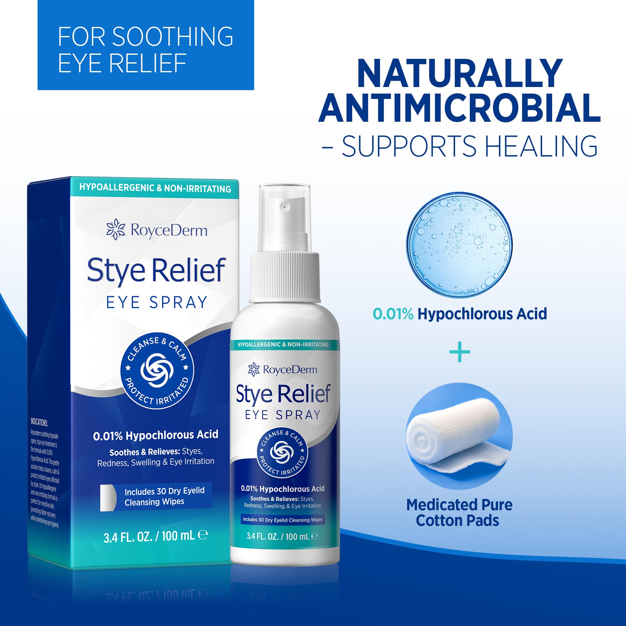 RoyceDerm Stye Eye Spray being applied to eyelids for a soothing cleansing moment.