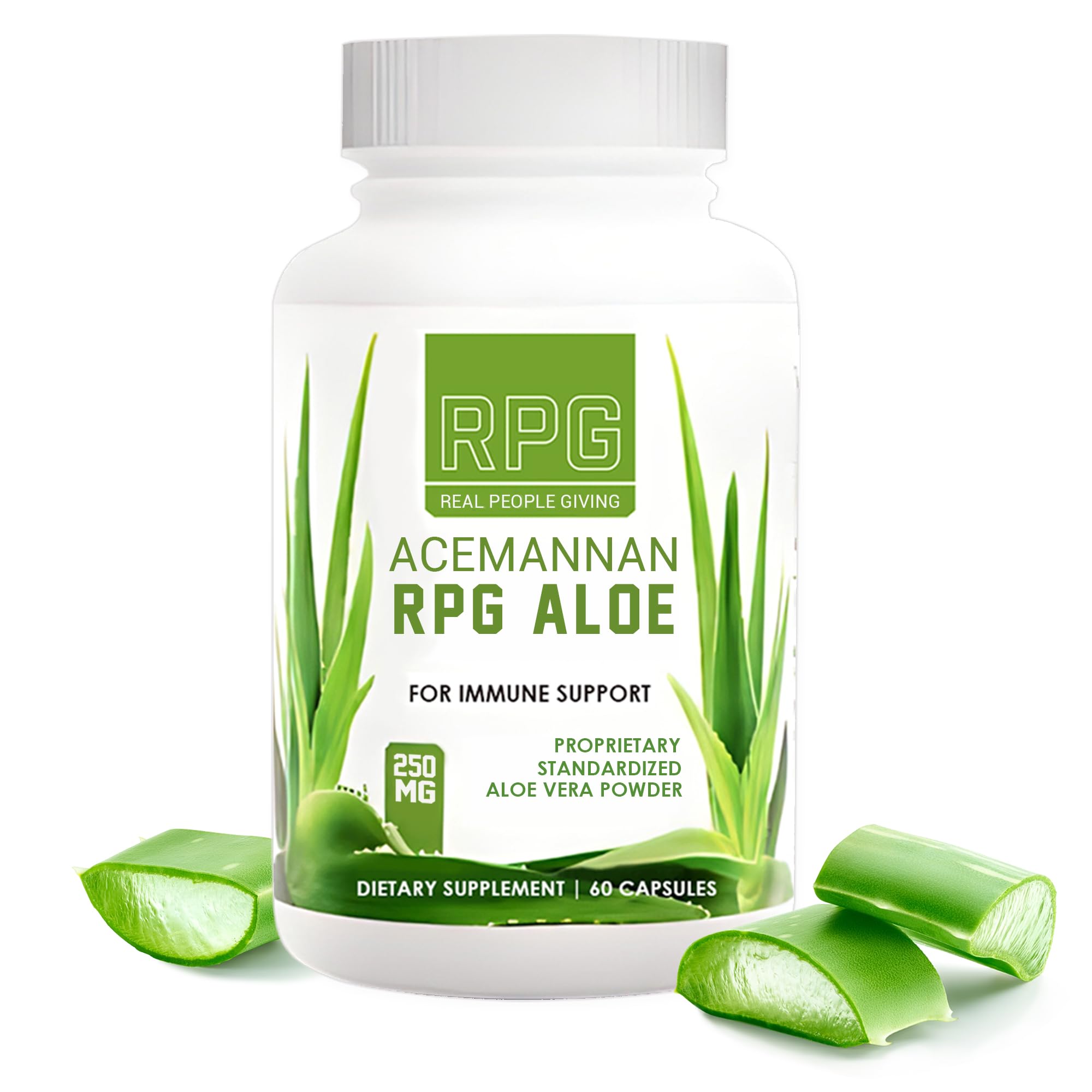 Front view of RPG Acemannan Aloe Vera Capsules bottle