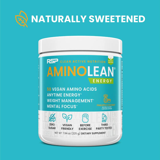 AminoLean Pineapple Coconut powder scoop beside canister