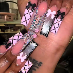 RTKHFZE long curved press-on nails with pink and black French tip for a chic look.