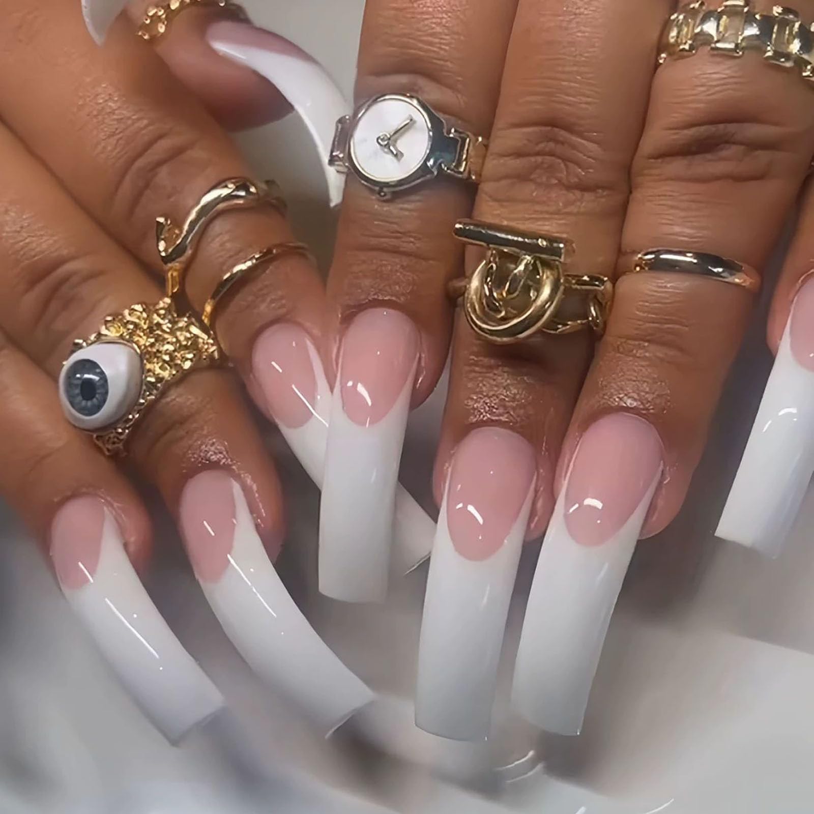 RTKHFZE long curved XL press-on nails with white French tip for at home elegance