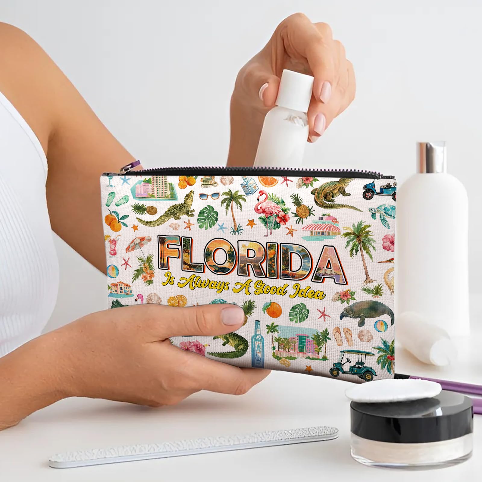 RTTLALUO Florida makeup bag open top reveals roomy interior for cosmetics.
