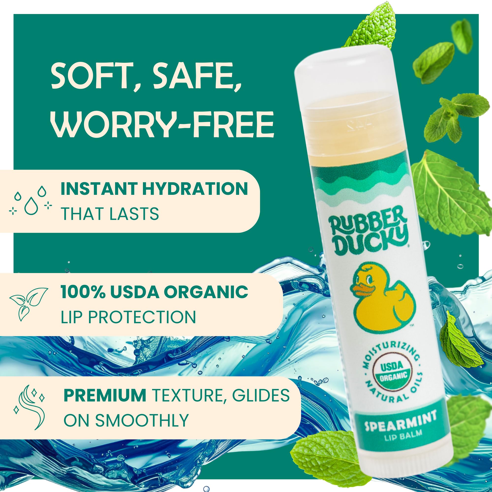 Rubber Ducky organic lip balm close-up reveals natural ingredients for hydration.