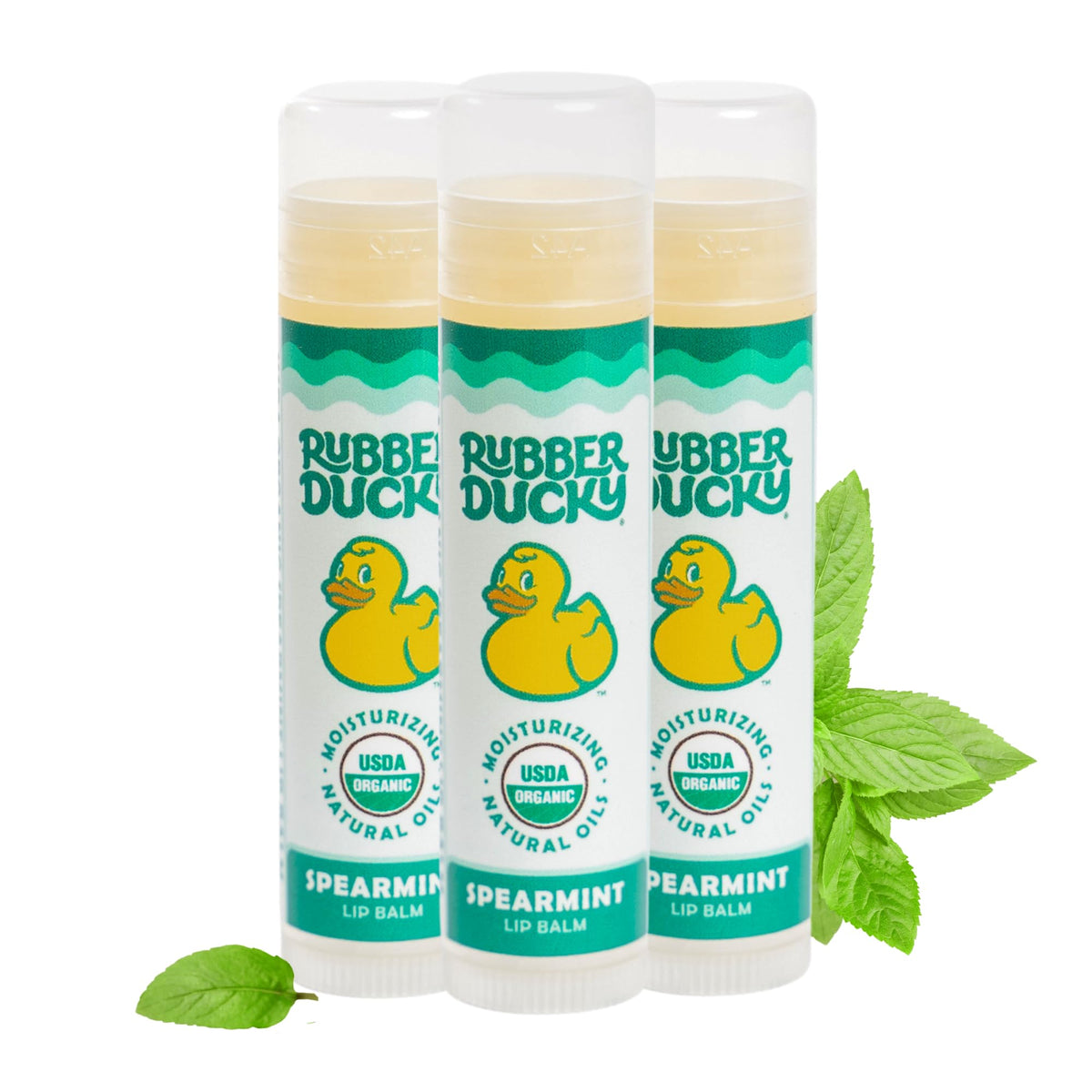 Rubber Ducky spearmint lip balm 3-pack front view for long-lasting moisture.