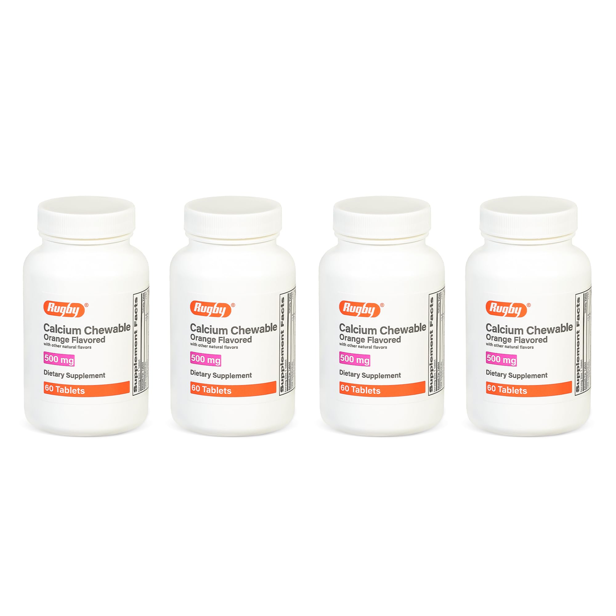 Bottle of Rugby 500mg Calcium Chewable Tablets with orange flavor, 60-count, four-pack.