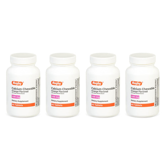 Bottle of Rugby 500mg Calcium Chewable Tablets with orange flavor, 60-count, four-pack.
