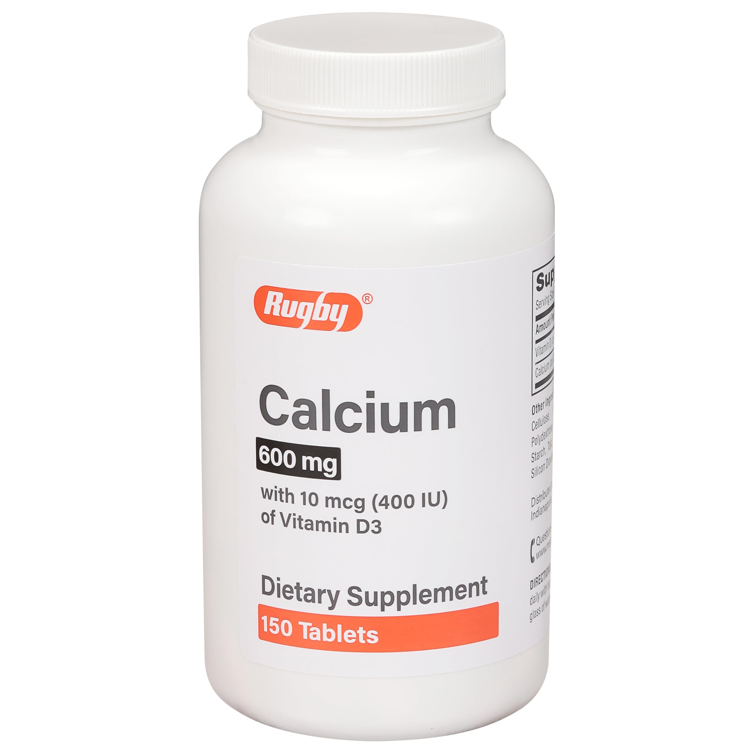Rugby 600 mg calcium tablets bottle and label