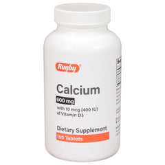 Rugby 600 mg calcium tablets bottle and label