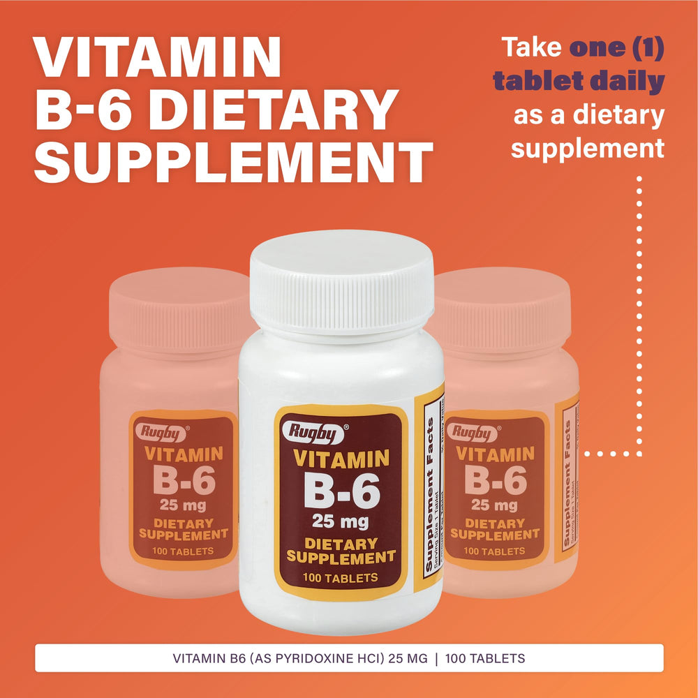 Close-up of Rugby Vitamin B-6 25mg tablets in bottle