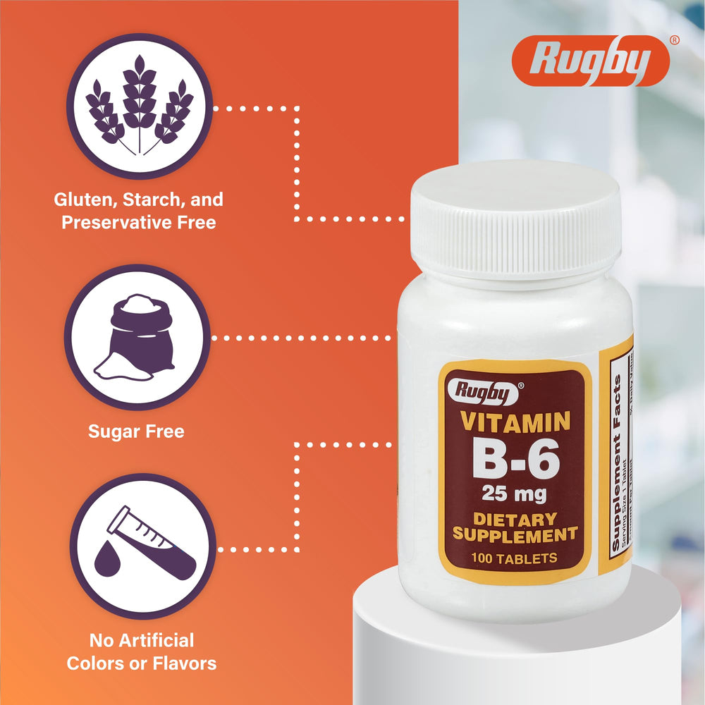 Vitamin B-6 25mg tablets Rugby bottle on white background