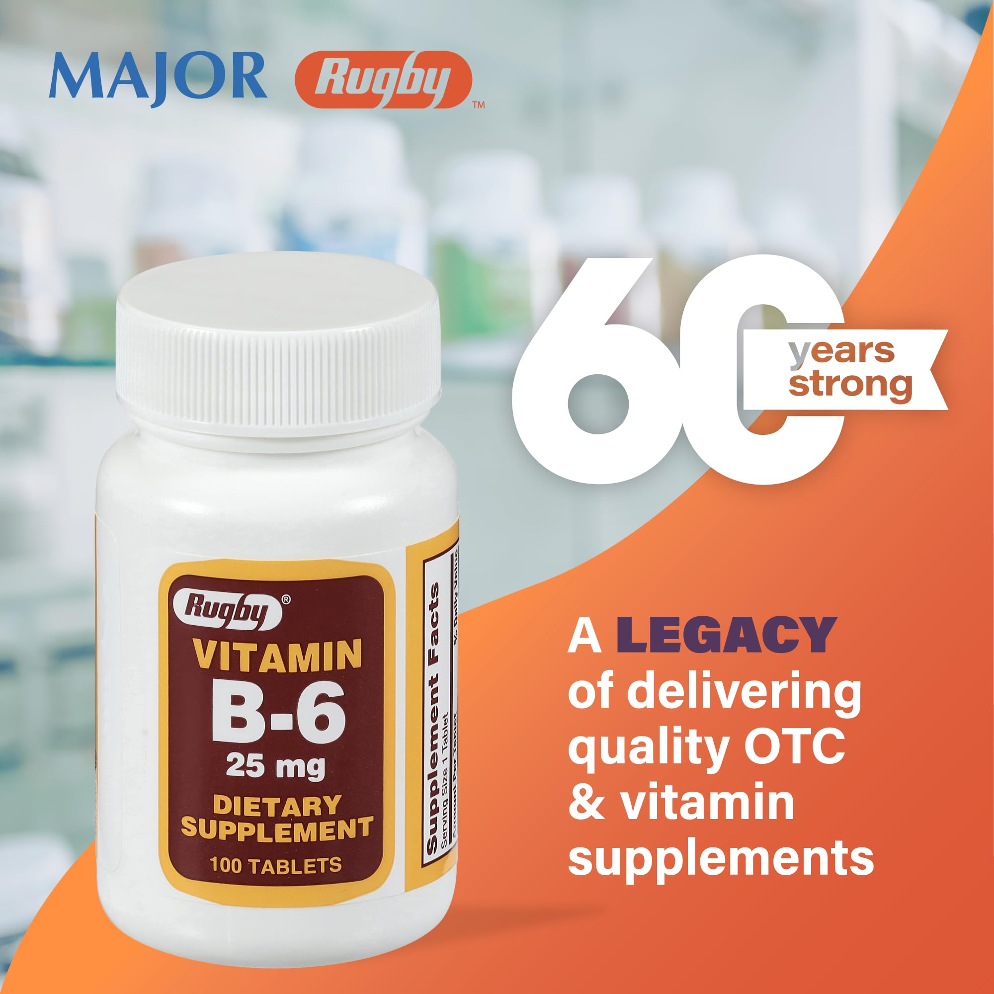 100-count bottle of Rugby Vitamin B-6 dietary supplement