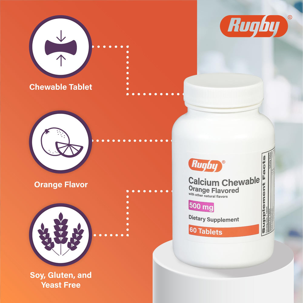 Nutritional information showing 500mg calcium and 100 IU vitamin D per tablet