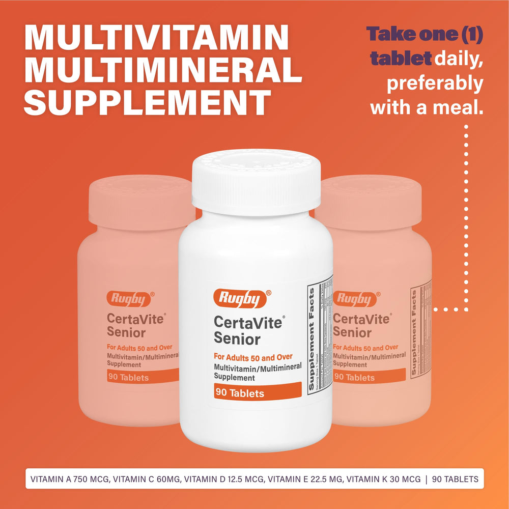 Close-up of Rugby CertaVite Senior Multivitamin/Multimineral tablets