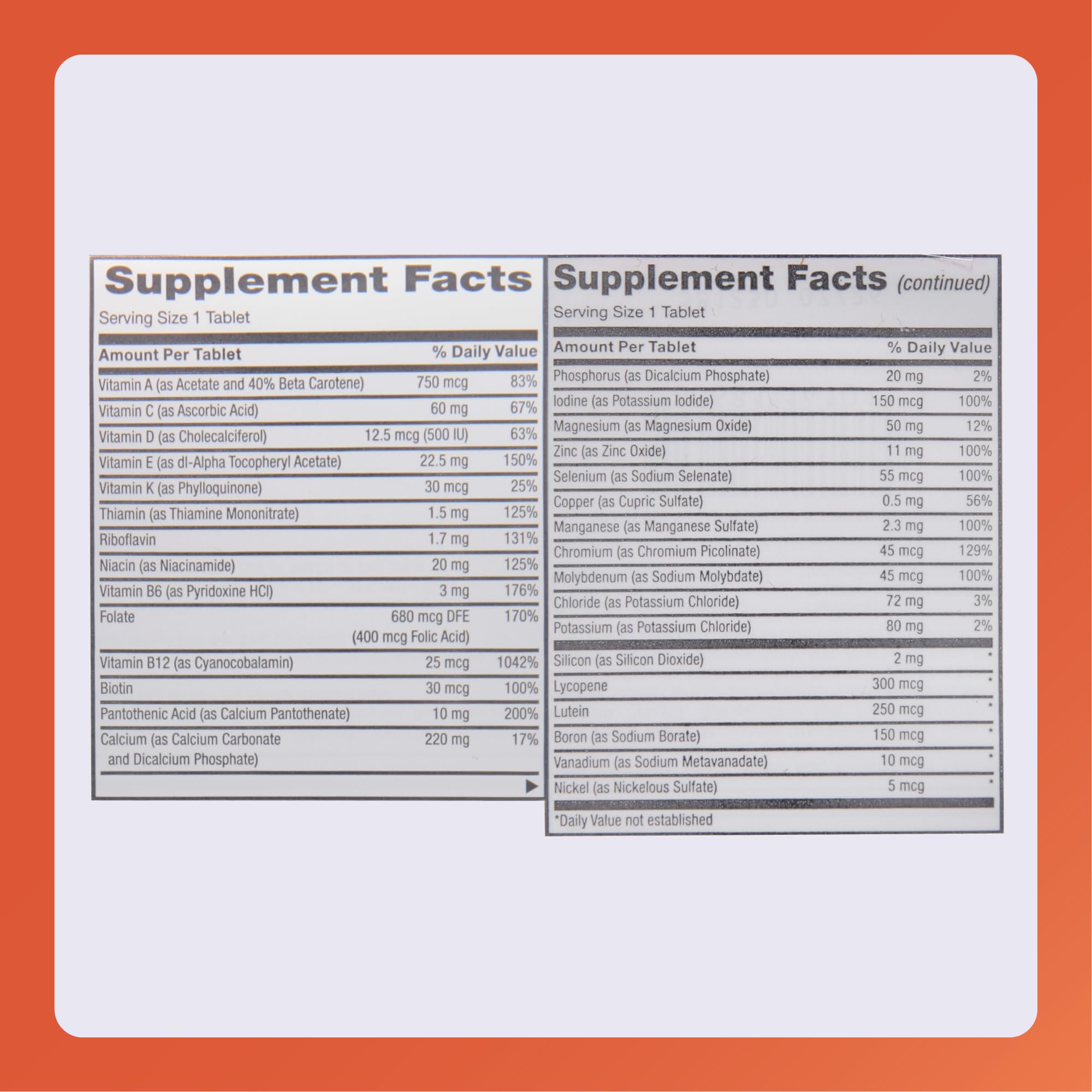 Label on bottle highlighting vitamins A, C, D, E, K, B6, and B12