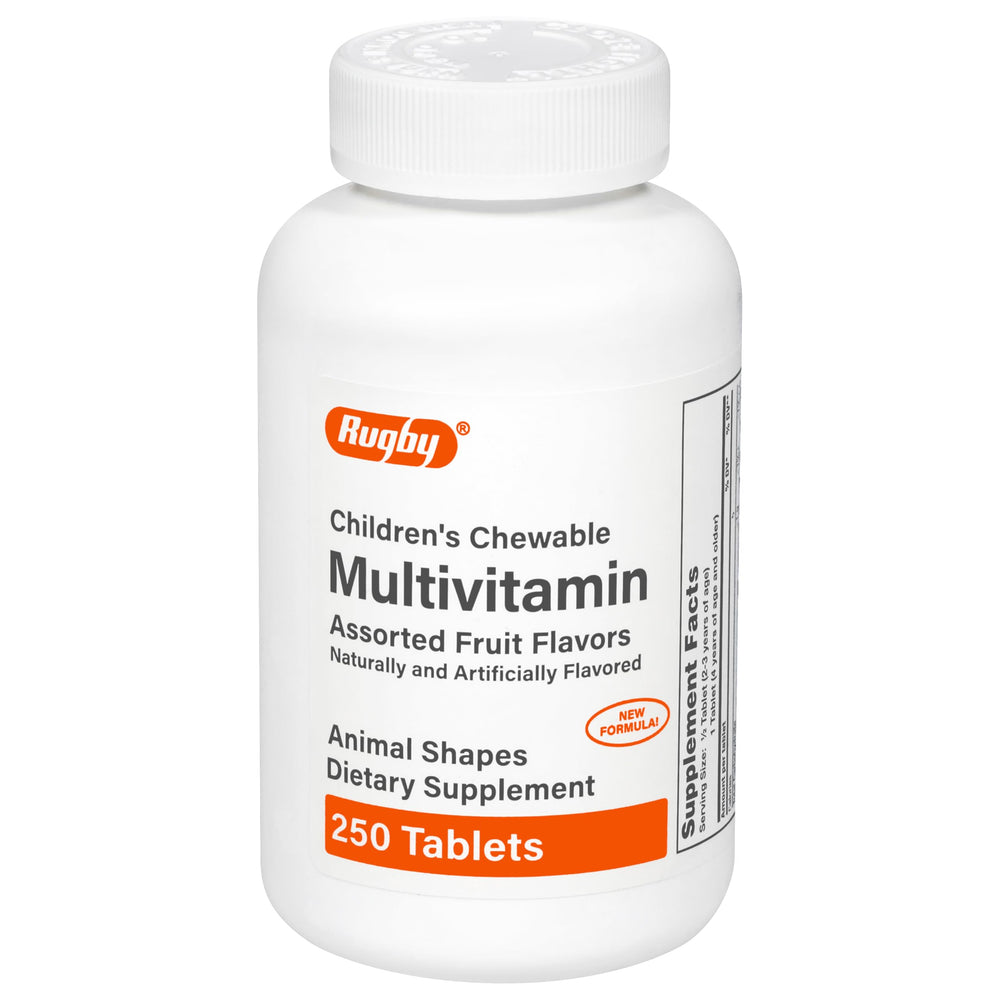 Rugby Children's Chewable Multivitamin tablets in animal shapes with assorted fruit colors