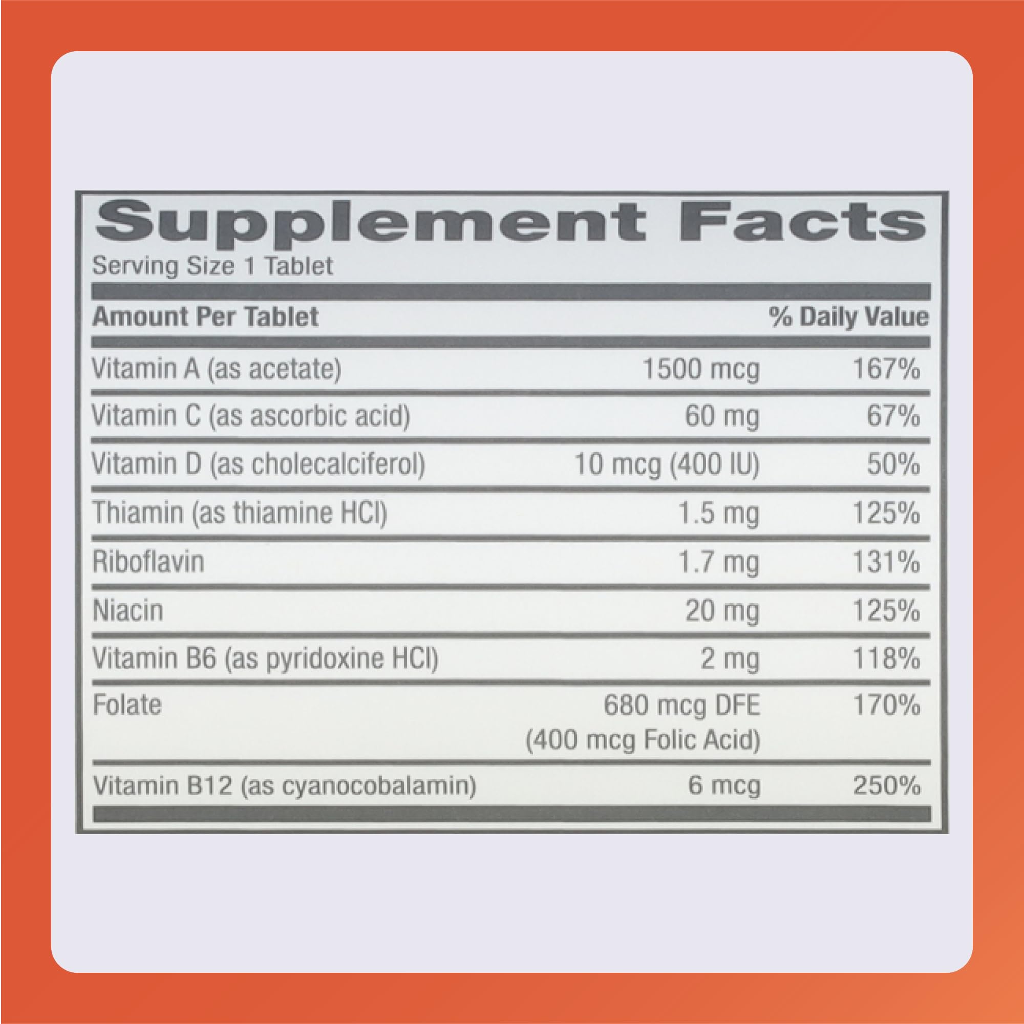 Nutritional facts panel for Rugby Daily-Vite Multivitamin 100 tablets