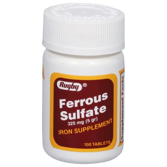 Bottle of Rugby Ferrous Sulfate 325mg tablets on white background