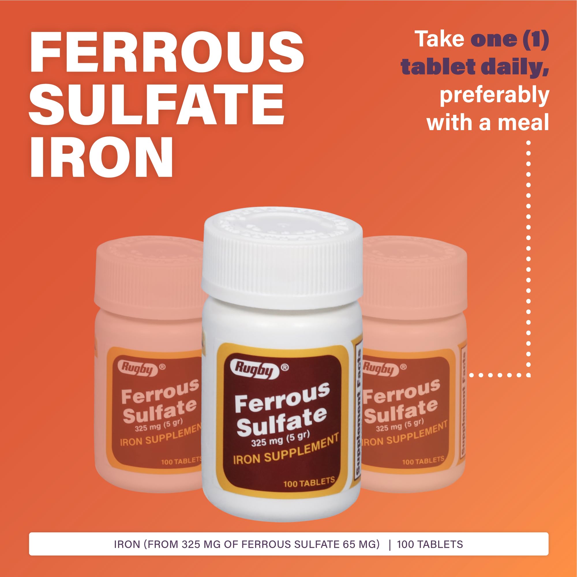Close-up of Rugby Ferrous Sulfate 325mg tablet