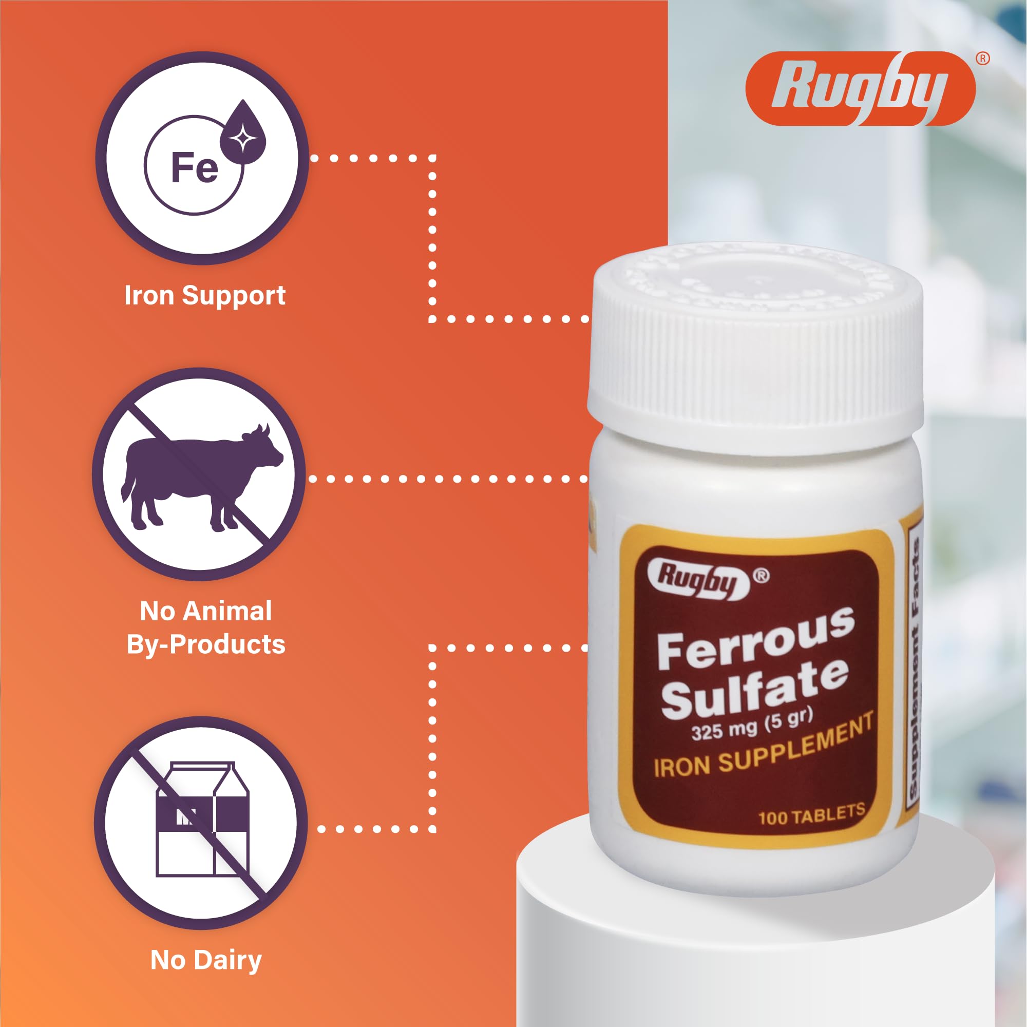 Label highlighting iron content showing 65mg iron per tablet