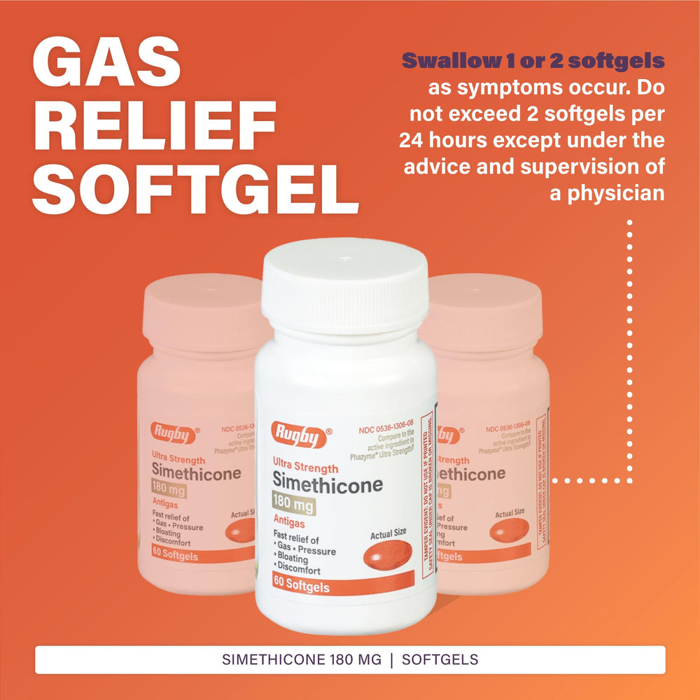 Rugby Laboratories 180 mg per softgel visual highlights potent gas relief after meals