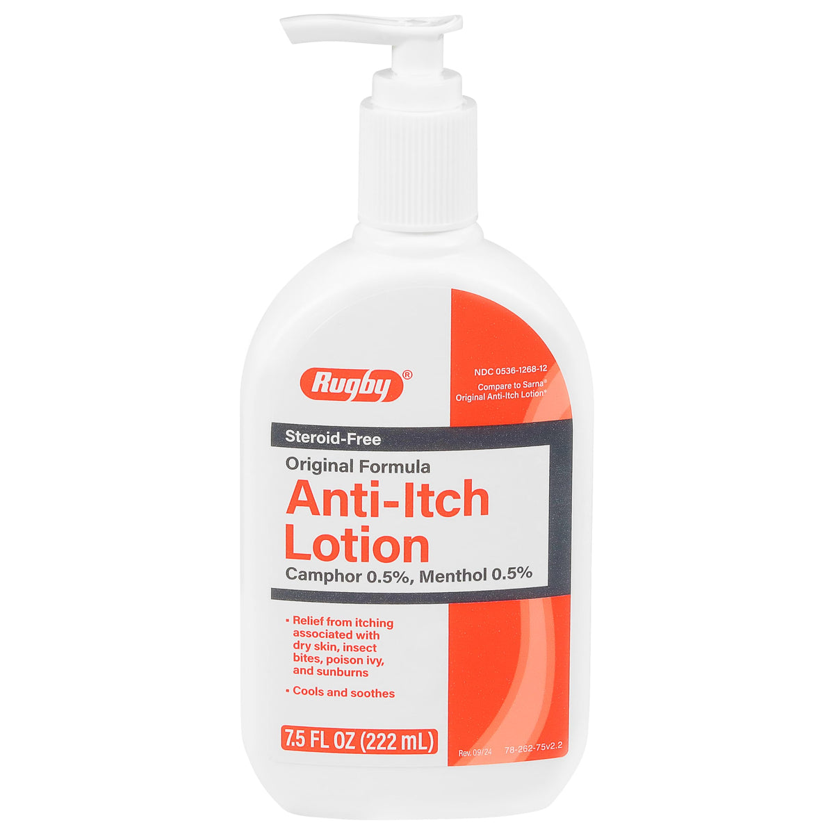 Rugby Laboratories anti-itch lotion bottle provides cooling relief for itchy skin.
