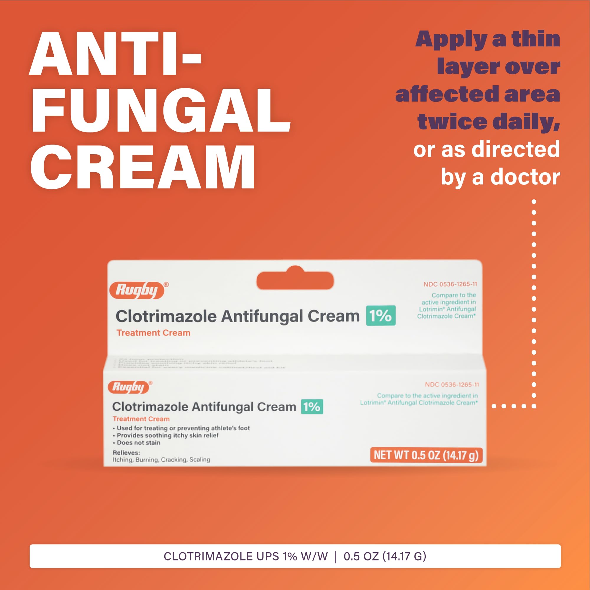 Rugby Laboratories clotrimazole cream applied on skin for soothing daily use.
