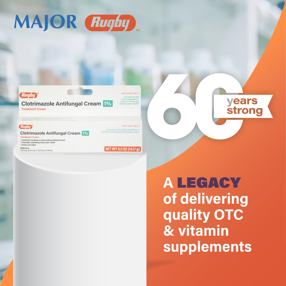 Rugby Laboratories label close-up highlighting 1% clotrimazole and 0.5 oz.