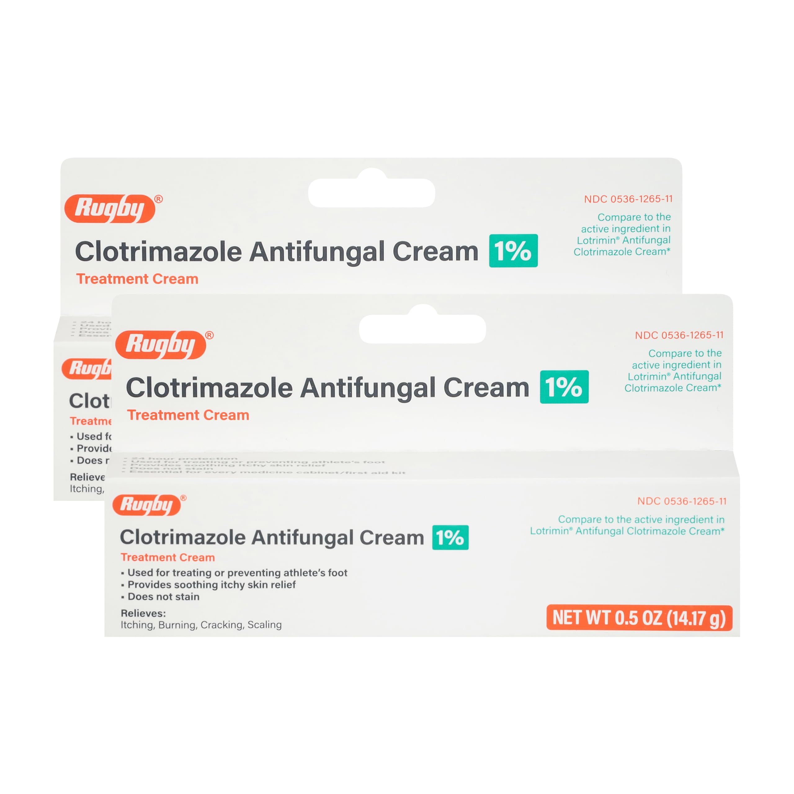 Rugby Laboratories clotrimazole cream tube front for antifungal relief.