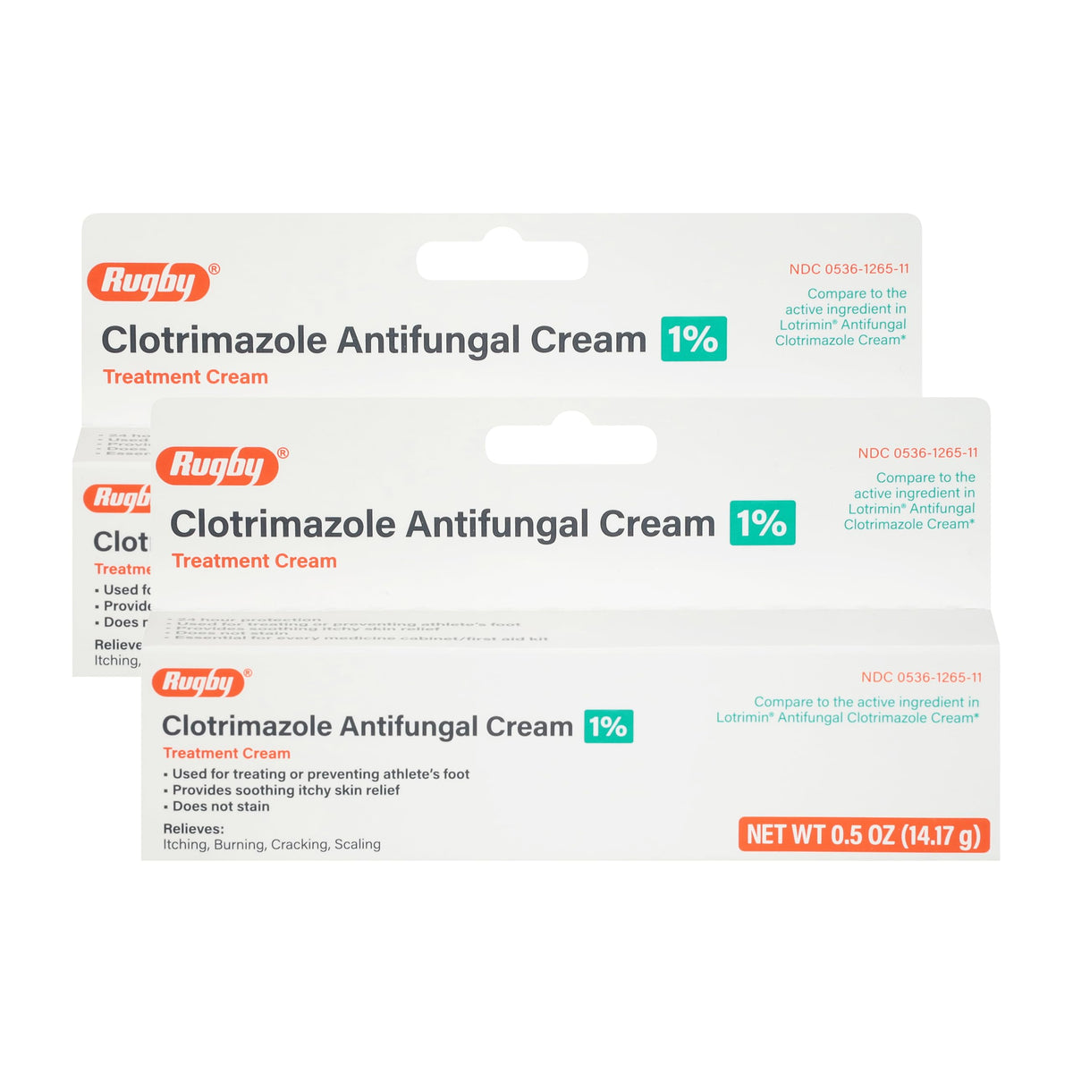 Rugby Laboratories clotrimazole cream tube front for antifungal relief.