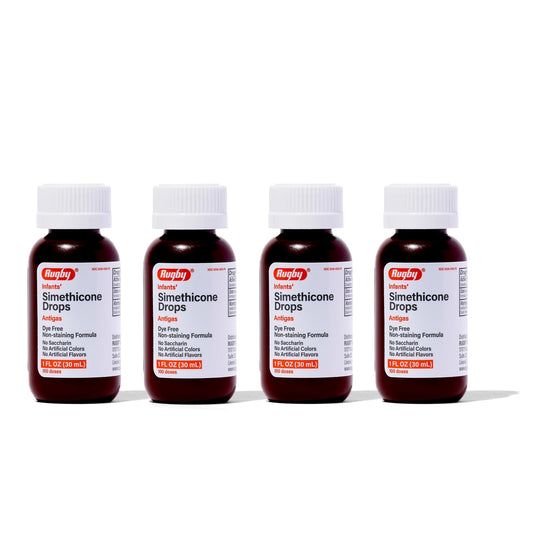 Rugby Laboratories dye-free infants gas drops bottle front showing dye-free formula for gentle relief.