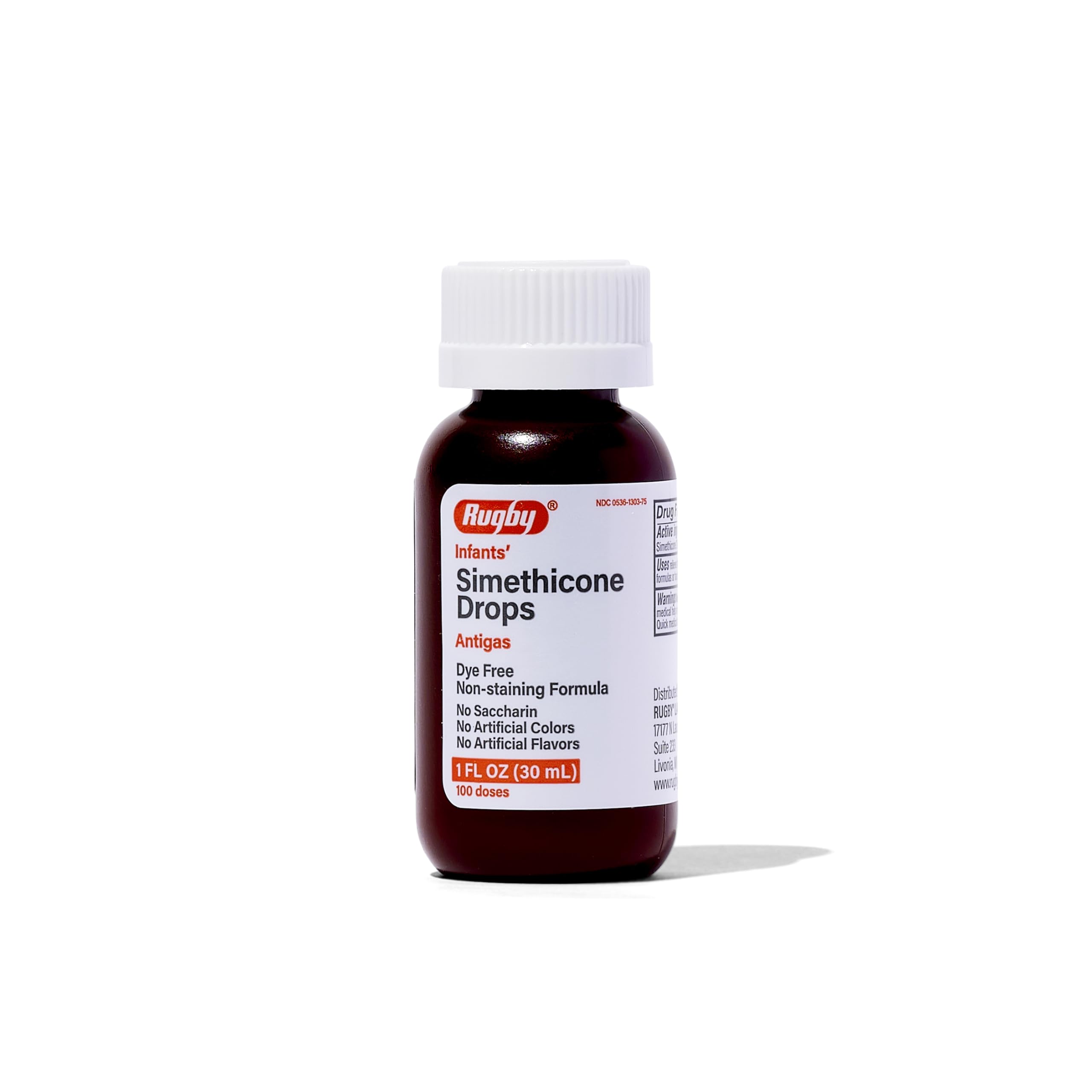 Rugby Laboratories dye-free infants gas drops bottle illustrates easy dosing for gentle tummy relief after meals.