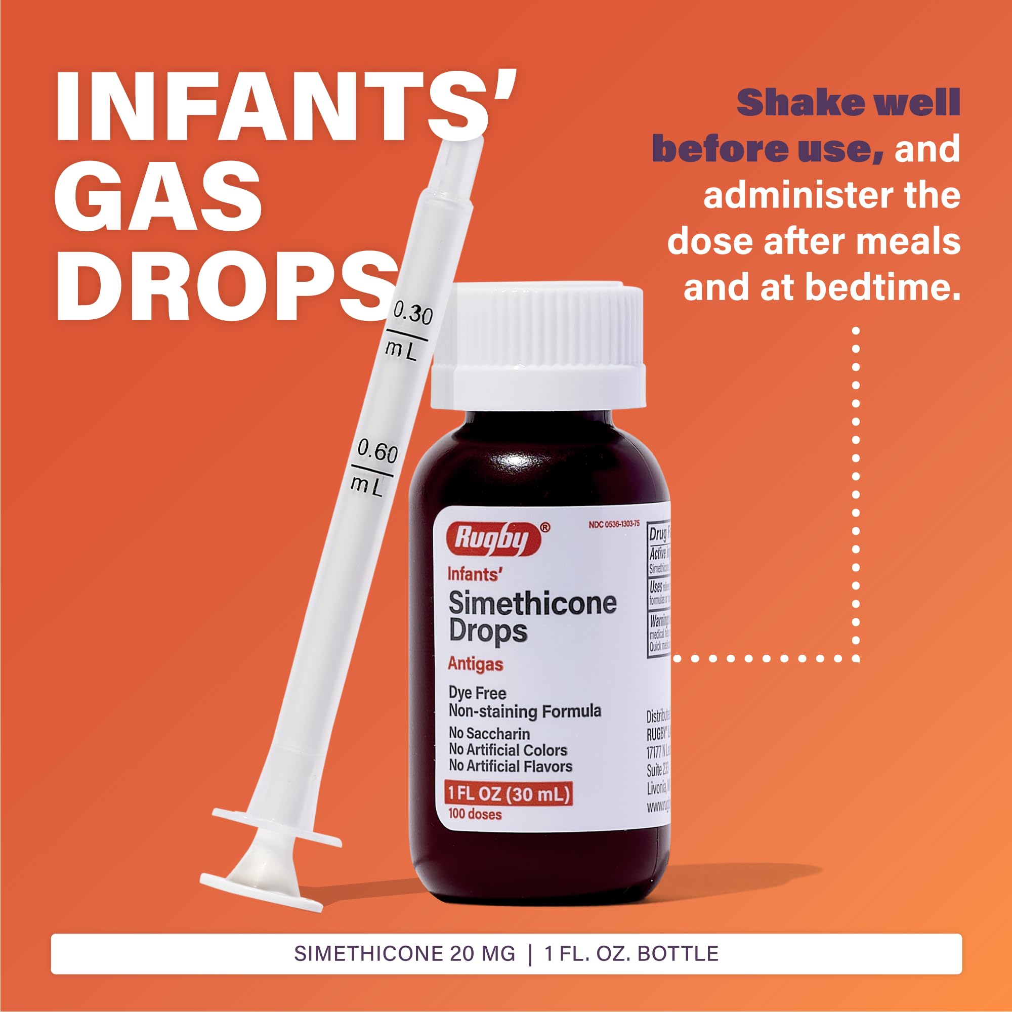 Rugby Laboratories dye-free infants gas drops dropper for precise dosing