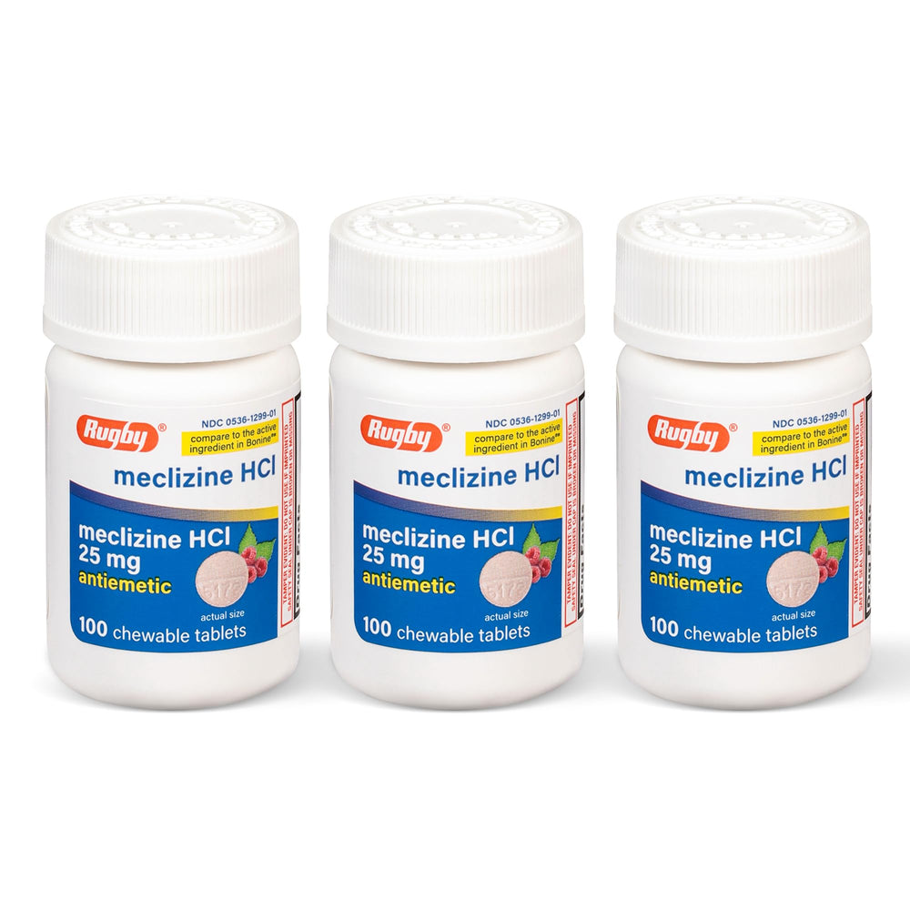 Rugby Laboratories meclizine 25mg chewable bottle closeup for portable travel relief.