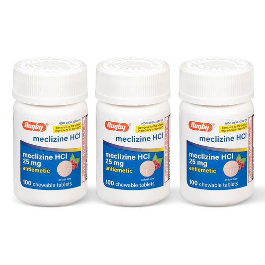 Rugby Laboratories meclizine 25mg chewable bottle closeup for portable travel relief.