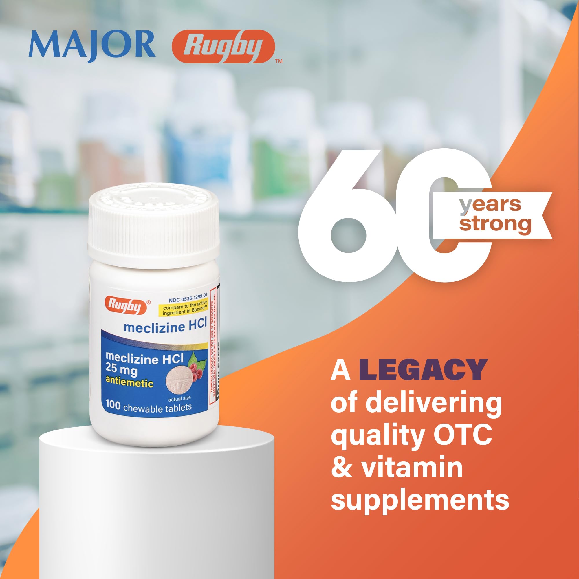 Close-up of Rugby Laboratories chewable tablets, easy-to-carry anti-nausea option for trips.