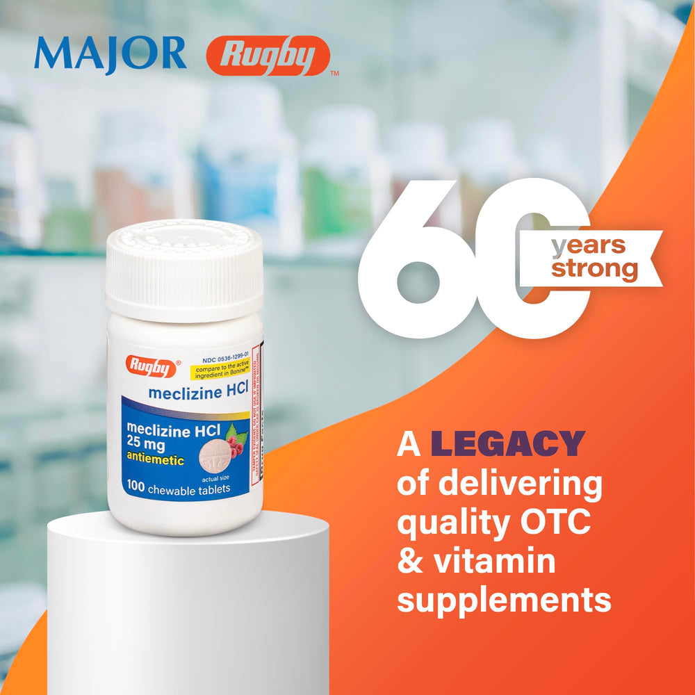 Rugby Laboratories meclizine chewable tablets front view for quick travel-ready relief.