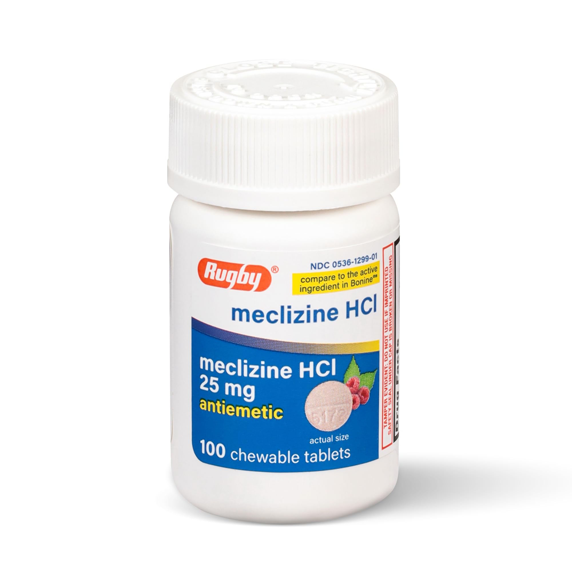Rugby Laboratories meclizine chewable 25mg tablets package for travel nausea relief on the go.