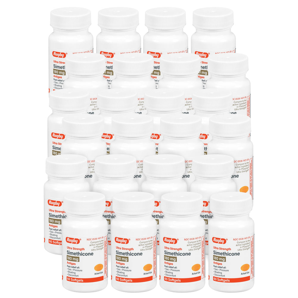 Rugby Laboratories Ultra Strength Simethicone softgels bottle for quick gas relief after meals