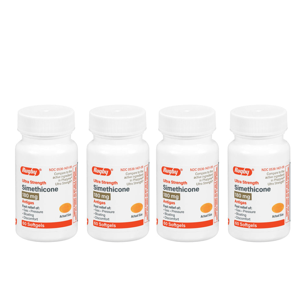Rugby Laboratories ultra-strength simethicone bottle pour provides rapid gas relief after meals.