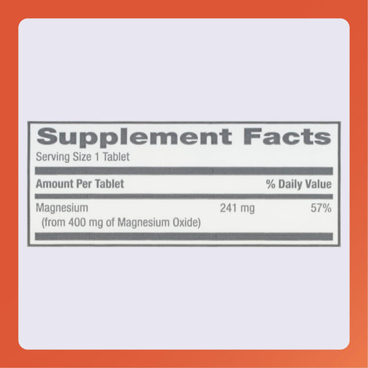 Close-up of Rugby Magnesium Oxide 400 mg tablets bottle