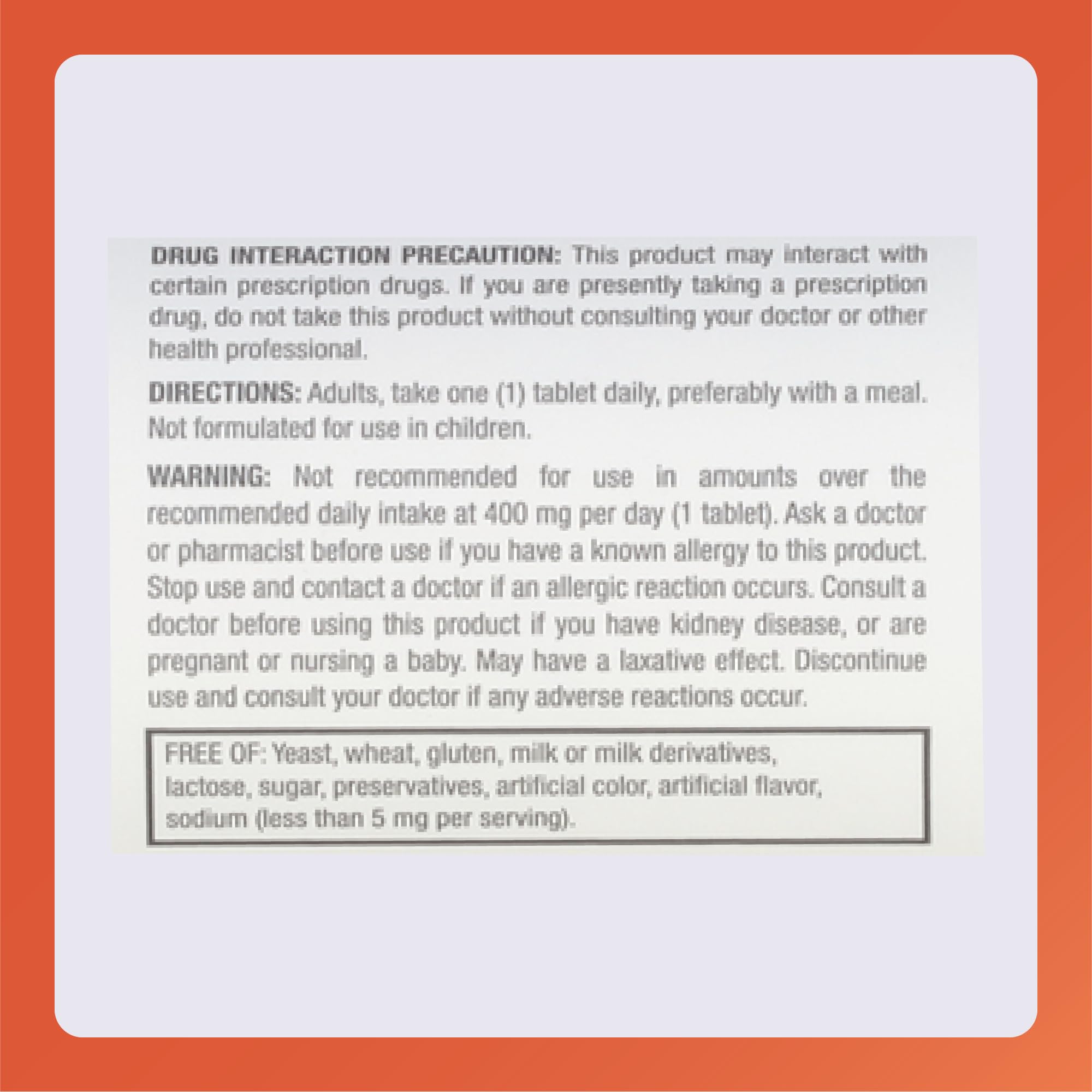 Nutrition facts panel for Rugby Magnesium Oxide 400 mg