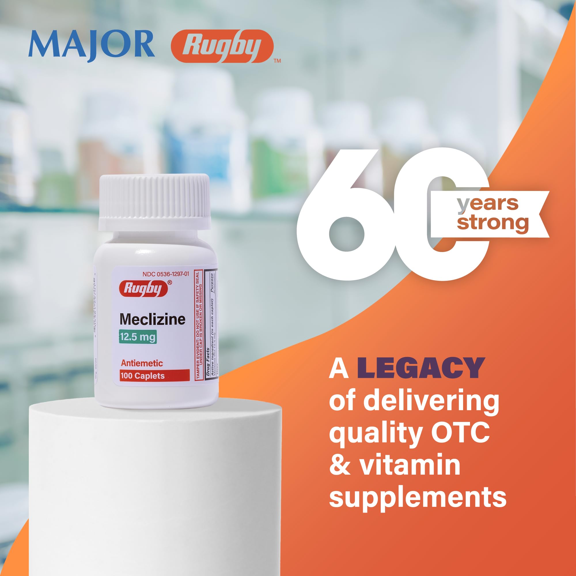Rugby Meclizine 12.5 mg caplets closeup highlighting compact design.