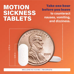 Rugby Meclizine caplets in-hand for on-the-go relief while traveling.