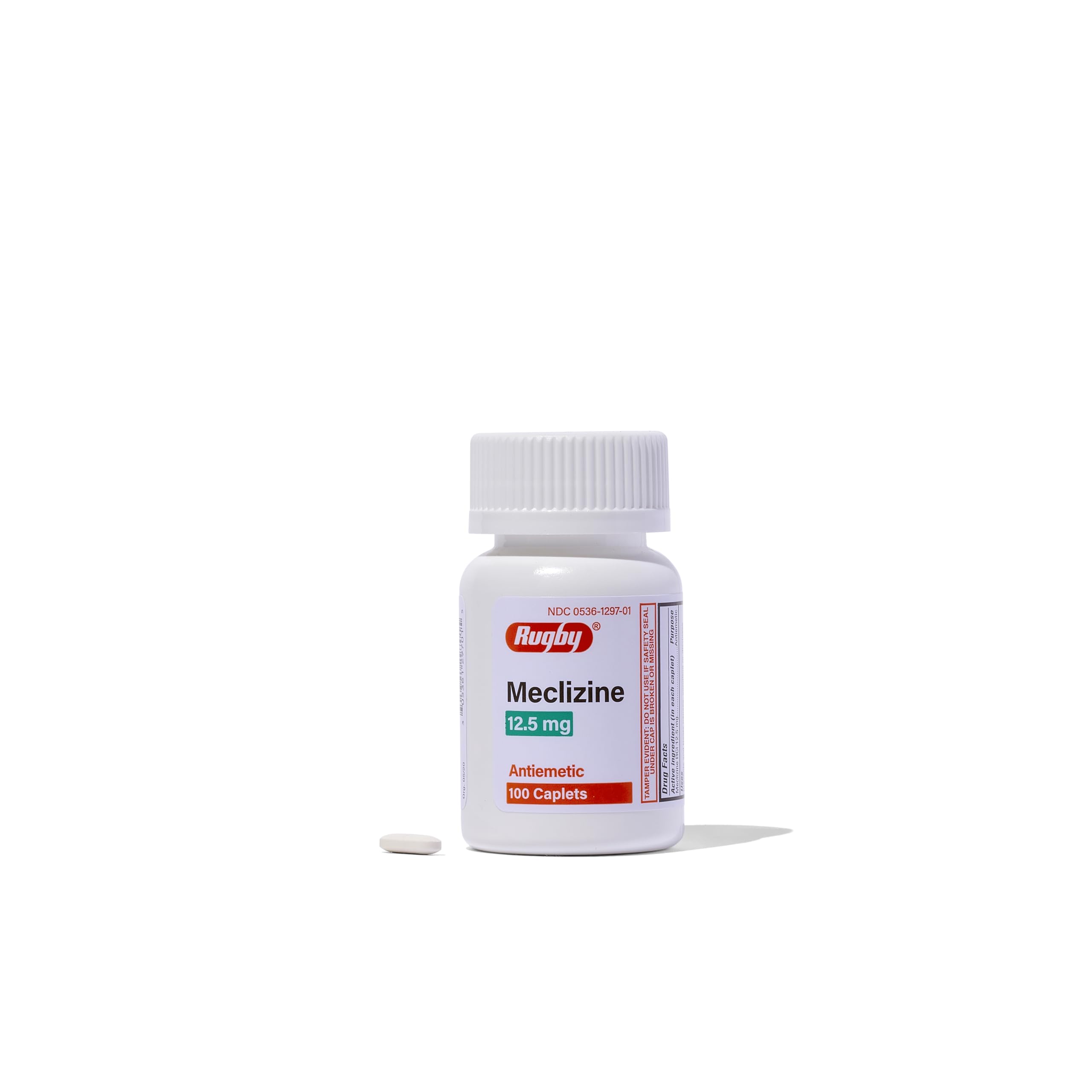 Rugby Meclizine 12.5 mg caplets package front showing travel relief potential.