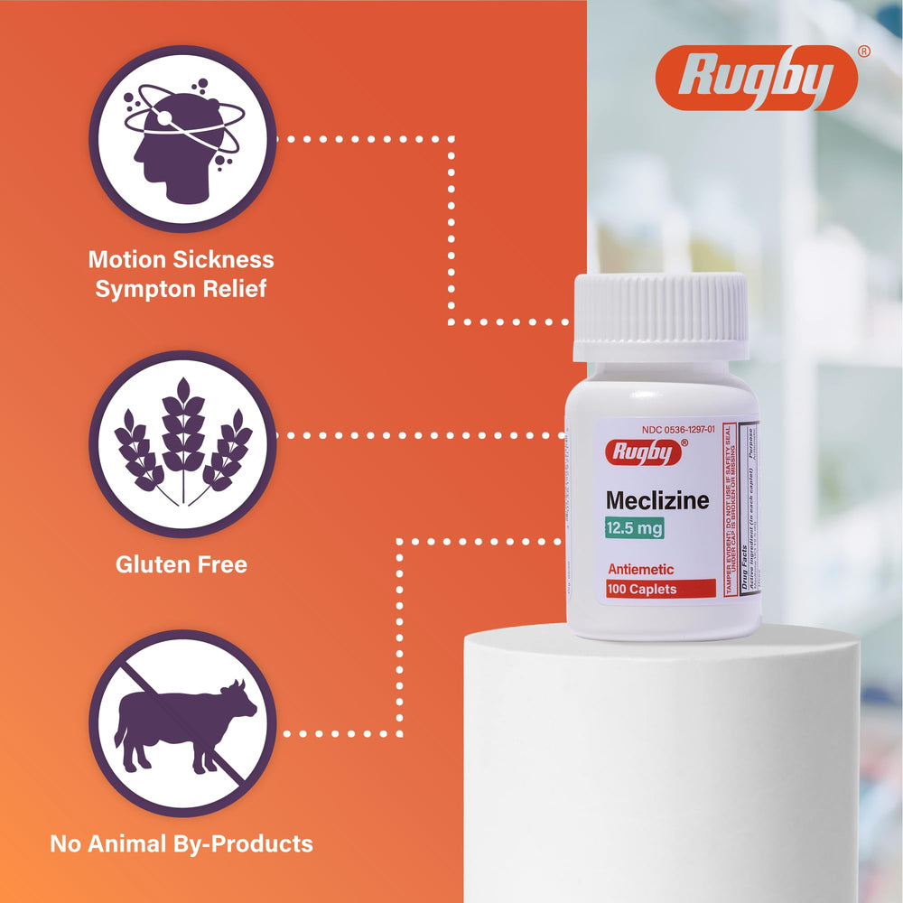 Rugby Meclizine 12.5 mg caplets in travel kit for easy access.