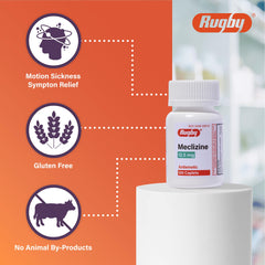Rugby Meclizine 12.5 mg caplets in travel kit for easy access.