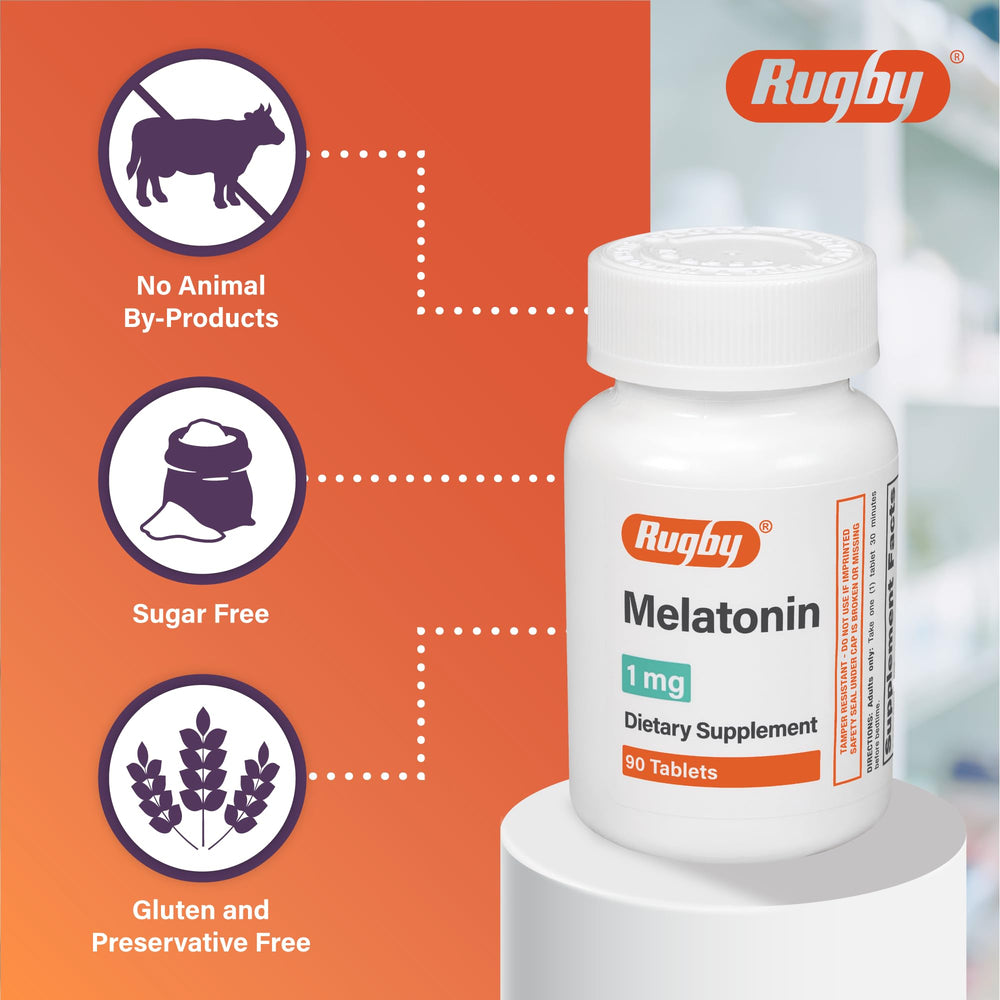 Rugby Melatonin 1mg Tablets packaging and bottle