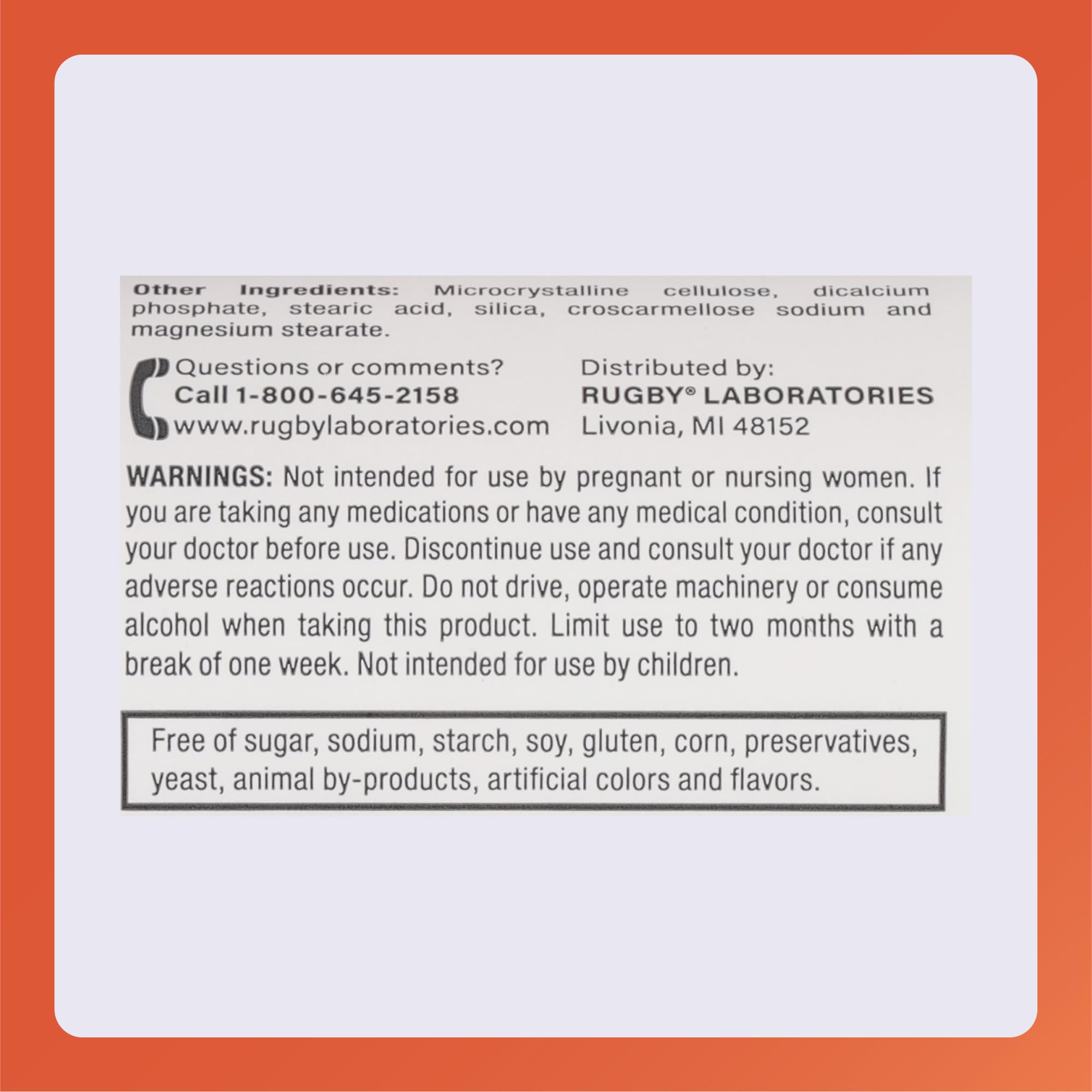 Supplement facts label for Rugby Melatonin 1mg Tablets