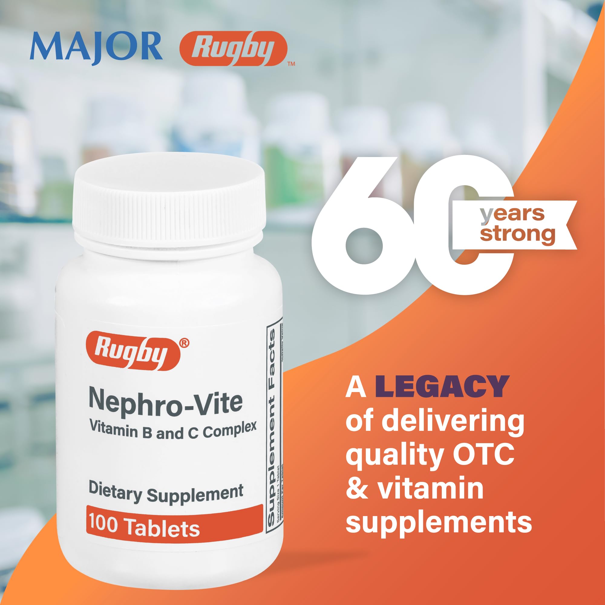 Three-pack Rugby Nephro-Vite 100-count bottles in a package