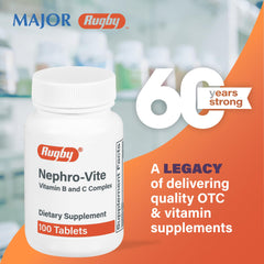 Three-pack Rugby Nephro-Vite 100-count bottles in a package